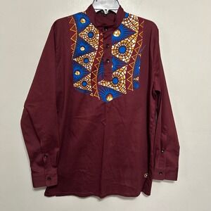 D'Iyanu Dashiki Shirt Men's Large Burgundy African Print Long Sleeve Excellent